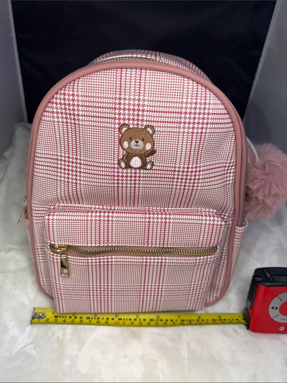 NWT Pink Plaid Mini Backpack Teddy Bear Embroidered Pom Pom Travel School Bag